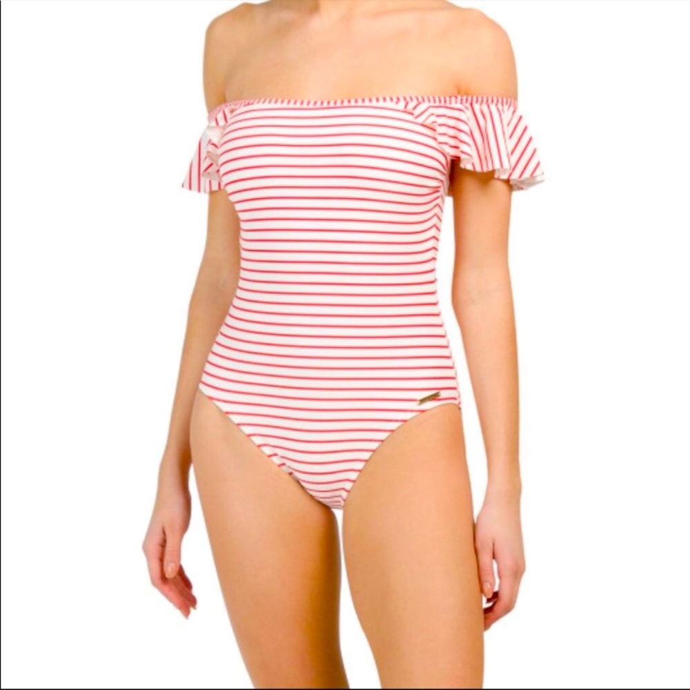 Vince Camuto Women's Off The Shoulder Ruffle One Piece Swimsuit Removable Straps